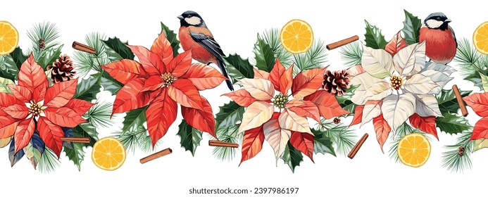 Christmas Poinsettia vector garland border, bullfinches birds, winter season floral frame, holiday seamless background, with New Year tree, orange, vanilla, star flowers, Christmas decorative banner