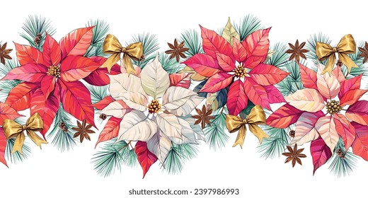 Nochebuena Poinsettia vectorial frontera de garland, arco, marco floral de temporada de invierno, fondo de vacaciones sin costura, con árbol de Año Nuevo, cardamomo, vainilla, flores estrella, pancarta decorativa de Navidad