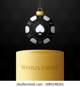 Christmas poker chip bauble pedestal. Merry Christmas sport greeting card. Hang on a thread casino chip as a xmas ball on golden