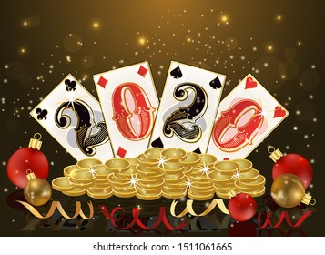 Christmas poker, new 2020 year casino card, vector illustration