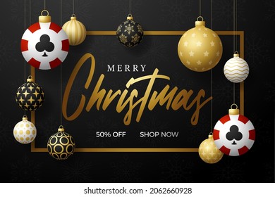 Christmas poker sale card. Merry Christmas sport greeting card. Hang on a thread casino chip as a xmas ball and bauble on horizontal background. Sport Vector illustration