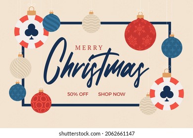Christmas poker sale card. Merry Christmas sport greeting card. Hang on a thread casino chip as a xmas ball and bauble on horizontal background. Sport Vector illustration