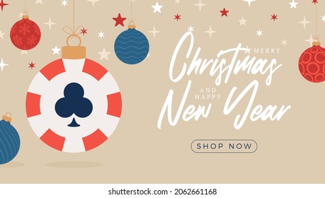 Christmas poker sale card. Merry Christmas sport greeting card. Hang on a thread casino chip as a xmas ball and bauble on horizontal background. Sport Vector illustration