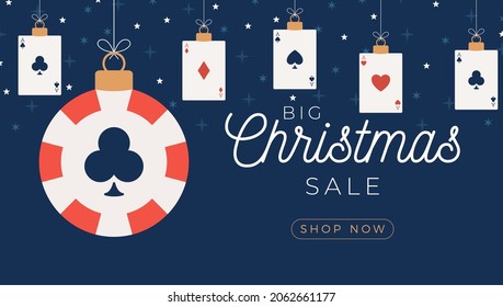 Christmas poker sale card. Merry Christmas sport greeting card. Hang on a thread casino chip as a xmas ball and bauble on horizontal background. Sport Vector illustration