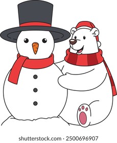 Christmas polar bear building snowman vector illustration