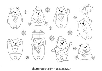 Christmas polar bear cartoon outline set. New Year animal mammals with santa hat, gift or garland. Hand drawn doodle vector bears in different poses. Funny animals celebrate. Black and white