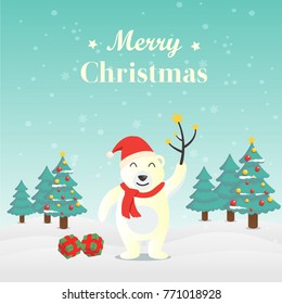 CHRISTMAS POLAR BEAR CHARACTER DESIGN IN CHRISTMAS NIGHT WITH PINE TREE