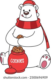 Christmas polar bear eating cookies from jar vector illustration