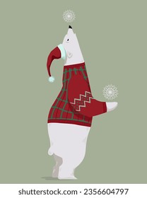 Christmas polar bear for greeting card. White bear with Merry Christmas and New Year. Playful cute bear with red hat, sweater, and snowflakes. Card design, gift bag, wrapping, packaging and box design