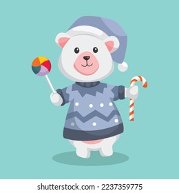 Christmas Polar Bear with Lollipop Character Design Illustration