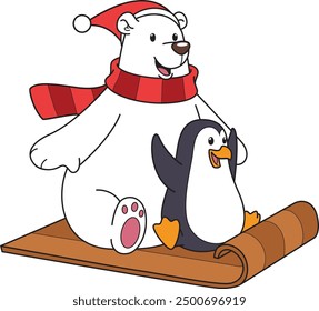 Christmas polar bear on ice sled with penguin vector illustration