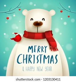 Christmas Polar Bear with Red Scarf. Christmas cute animal cartoon character.