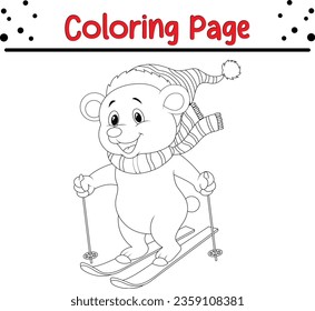 Christmas polar bear skiing down coloring page. Happy Christmas coloring book for kids.