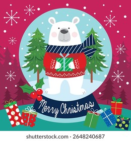 Christmas Polar Bear in a Snow Globe with Gifts