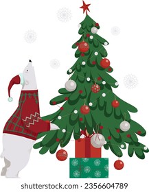 Christmas polar bear, spruce tree and gifts. Funny cute white bear with Christmas tree and presents.  For greeting card with Merry Christmas and New Year, decor, wrapping, and packaging design. Vector