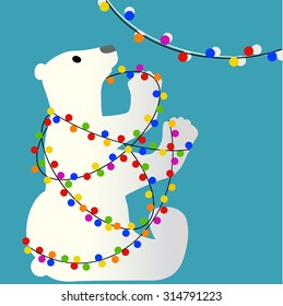 Christmas polar bear tangled in lights