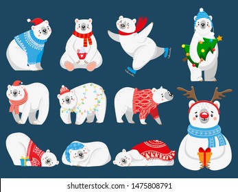 Christmas polar bears. Arctic bear with New Year gifts, happy snow animal in Merry Christmas sweater. 2020 bears mascot character, Xmas cartoon vector illustration set