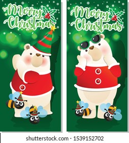 Christmas polar bears. Arctic bear with New Year gifts, happy snow animal in Merry Christmas sweater. 2020 bears mascot character, Xmas cartoon vector illustration set