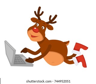 Christmas polar deer in boots lies and uses laptop