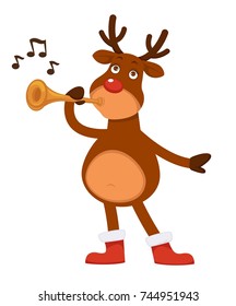 Christmas Polar deer with red nose plays pipe