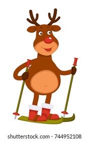 Christmas Polar deer with red nose goes skiing
