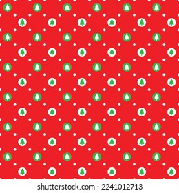 Christmas polka dot pattern. Red and green christmas tree pattern on red background. White, green and red fabric and textile design.