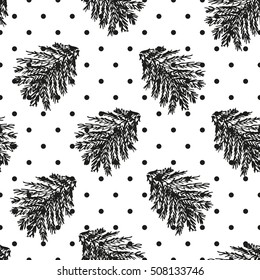 Christmas polka dot seamless pattern with spruce branches. Hand draw style. Ornament for textile and wrapping. Vector
