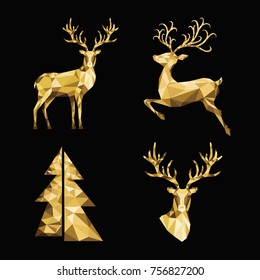  Christmas polygonal  gold  reindeer and Xmas tree  on black background. Low poly triangle  golden deer head. Vector illustration in origami style.