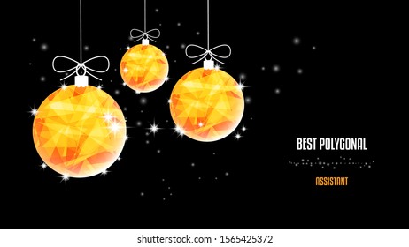Christmas polygonal golden balls. Background of beautiful black night sky. Low poly.