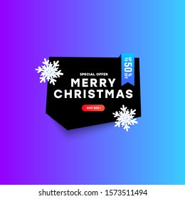 Christmas polygonal sale banner with text, snowflakes and ribbon on a black substrate.