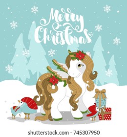 Christmas pony on a winter background, snowflakes. With an inscription. Vector illustration.