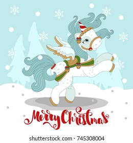 Christmas pony on a winter background, snowflakes. With an inscription. Vector illustration.