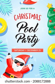 Christmas Pool Party invitation poster vector illustration. Cute Santa Claus with pool floats