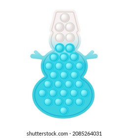 Christmas popit trendy fidget toy - traditional snowman in blue and white colors. New Year character colorful pop it toy. Bubble sensory fashionable popit for kids. Vector illustration isolated.