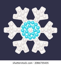 Christmas popit trendy fidget toy - traditional snowflake in blue and white colors. New Year colorful pop it toy. Bubble sensory fashionable popit for kids. Vector illustration isolated.