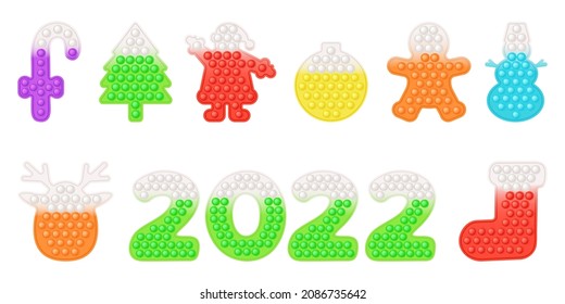 Christmas Popit trendy fidget toys- 2022, reindeer, Santa, bauble, snowman, Christmas tree, candy cane and gingerbread man. Addictive anti stress colorful pop it toy. Bubble fashionable vector.