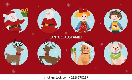 Christmas pop-out characters. Santa Claus, Mrs Claus, kids, reindeers, cat, dog character collection. Cute vector design.