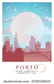 Christmas Porto retro poster for winter festives, New Year. Greetings, happy holidays and merry xmas from Portugal vector postcard layout