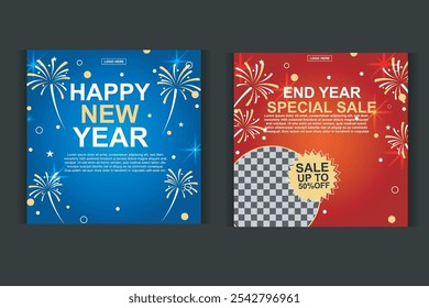 Christmas portrait background, greeting card, web poster, holiday cover. Design with New Year's Eve with fireworks, and discount promo elements