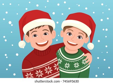 Christmas portrait of a couple of smiley kids wearing a Santa Claus hat. Vector illustration.