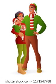 Christmas portrait of happy African American family. Cartoon style vector illustration isolated on white background EPS10.