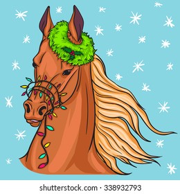 Christmas portrait of a horse with a garland