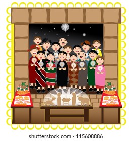 Christmas Posada With Grup Of People Singing At A House Entrance With Nativity And Traditional Food