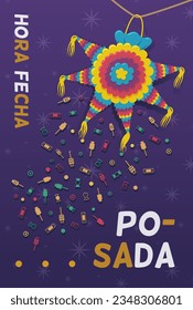 Christmas posada invitation poster in Mexico. Piñata dropping many colored candies. Text in Spanish: Christmas posada, time and date