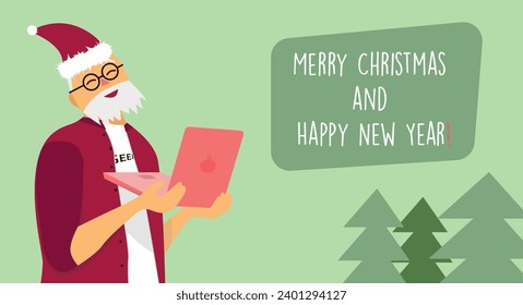 Christmas posctard in flat cartoon style. Male 
weared Santa cotume holding notebook 