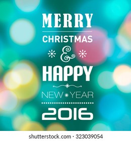Christmas post card with bokeh lights. Designed text. Vector illustration.