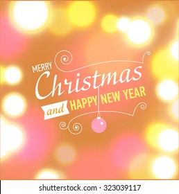 Christmas post card with bokeh lights. Designed text. Vector illustration.