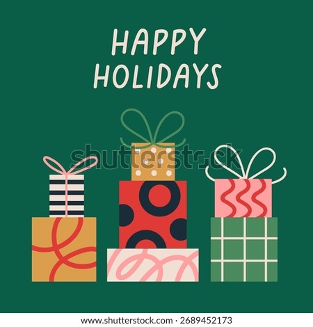 Christmas post card design with gift boxes. Festive square postcard with presents, ribbon bows, typography. Winter holidays, Xmas and New Year greeting in modern style. Flat vector illustration