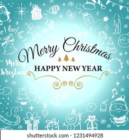 Christmas post card with doodles. Big set of Christmas design element in doodle style
