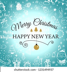 Christmas post card with doodles. Big set of Christmas design element in doodle style